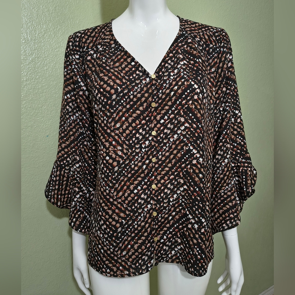 Investments Black and Brown Printed V-Neck Button Blouse